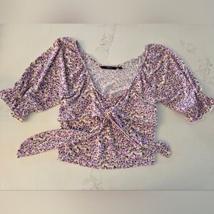 Puff Sleeve Tie Front Pretty Floral Crop